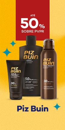 Protetores Solares da marca Piz Buin a com destaque promocional de at&eacute; 50% sobre pre&ccedil;o de Venda ao P&uacute;blico Recomendado